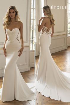 two photos of a woman in white wedding dresses, one is wearing a strapless gown