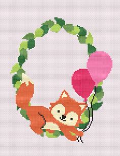 a cross stitch pattern with a fox holding a heart shaped balloon