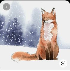 a watercolor painting of a fox sitting in the snow