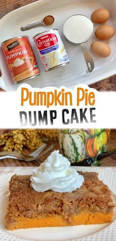 pumpkin pie dump cake on a plate with whipped cream and other ingredients in the background