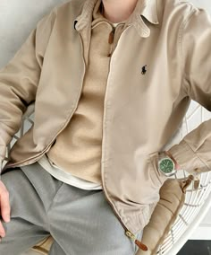 Polo Ralph Lauren Beige Harrington Jacket Outfit Men’s Harrington Jacket, Old Money Inspo Outfits Men, Ralf Lauren Boys, Mens Ralph Lauren Outfit, Ralph Lauren Beige Jacket, Loro Piana Outfit, Harrington Jacket Outfit, Beige Jacket Outfit