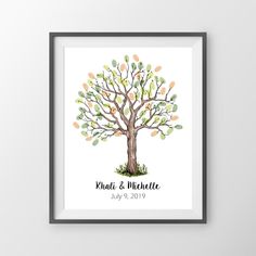 a watercolor tree with leaves on it and the words, namt & michelette written