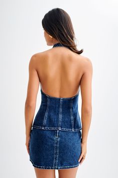 Weekend day to night.The INDIA Button Front Halter Denim Longline Top is a chic and versatile piece for any wardrobe. Featuring a halter neckline with buttons at the back and a functional centre-front button closure, this top combines style and convenience. Its longline design includes a split at the hem and a low back for added flair. Perfectly paired with the Janine High Waisted Straight Leg Jeans or Ellie Denim Mini Skirt, this outfit creates a modern and effortlessly stylish look. Capsule Wardrobe Accessories, High Waisted Straight Leg Jeans, Capsule Wardrobe Basics, European Summer Outfits, Maxi Dress Sale, Wardrobe Accessories, Capsule Outfits, Beige Dresses, Halter Neckline