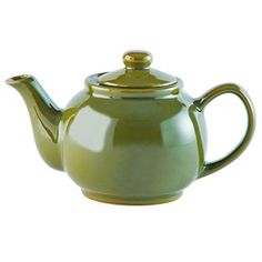 a green teapot with a gold top on a white background is shown in this image