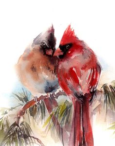 two red birds sitting on top of a tree branch next to each other in watercolor