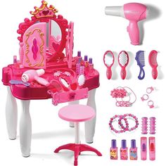 this is an image of a barbie doll dressing table and hair dryer with accessories