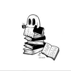 a cartoon character sitting on top of books with a cup of coffee in his hand