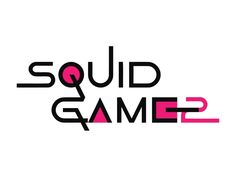 the word squid game is shown in black and pink on a white background with an arrow