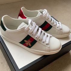 Never Worn Brand New Gucci Sneakers Runs Big So I Bought Size 34.5 Which Fits Like A Size 6. Comes With Box And Receipt . Bee Shoes, Gucci Ace Sneakers, Brown Leather Sneakers, Hightop Sneakers, Gucci Sneakers, White Leather Sneakers, Leather High Tops, Gucci Leather, Star Sneakers