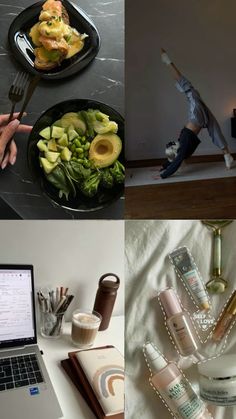 there are four different pictures with food and drinks on the same photo, one has an open laptop