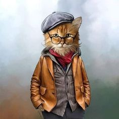 a drawing of a cat wearing glasses, a hat and a leather jacket with a red scarf