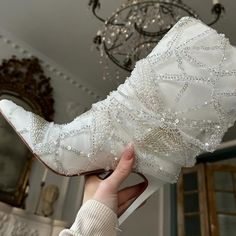 Nwt Bniob Pristine & Stunningly Fabulous Its I Wanna Wear Boots On My Wedding Day Kinda Feel. They Are Spectacular!! From The Boot Goddess Herself, Wang Sequined Tulle Overlay Stiletto Mid Boots Featuring That White Wedding Feel It's Classic, It's Timeless, It's Sophisticatedly Beautiful Embellished With Pearls And Sequins They Glimmer And Sparkle Beautifully. Beaded Lace Tulle Overlay Slip On Fabric Lining Synthetic Outsole 8" Boot Shaft Height 12.75" Boot Shaft Circumference 4" Covered Stilett Elegant White Party Boots, White Closed Toe Heels For Winter, White Closed Toe Booties For Party, White Ankle Boot Heels For Winter, White Closed Toe Winter Boots, White Winter Ankle Boot Heels, Elegant White Evening Boots, White Formal Boots For Winter, White Formal Winter Boots