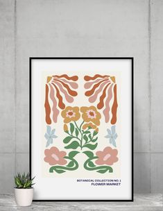 an art print with flowers and leaves on it