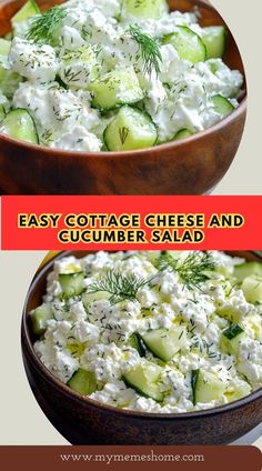 cucumber salad in a wooden bowl with the title easy cottage cheese and cucumber salad