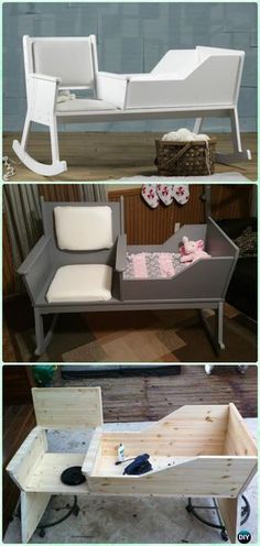 three different pictures of furniture made from wood and plastic materials, including a rocking chair