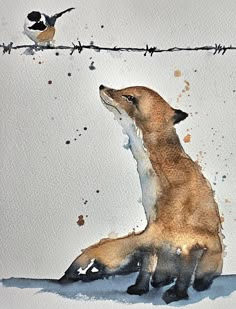 a watercolor painting of a fox sitting on the ground next to a barbed wire