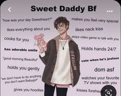 a man standing in front of a sign with words on it that say, sweet daddy b