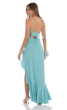 Strapless Back Bow Corset Maxi Dress in Aqua Blue Aqua Prom Dress, Bow Corset, Corset Maxi Dress, Winter Formal, Crepe Fabric, Night Outfits, Date Night Outfit, Aqua Blue, Hand Washing