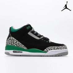 Air Jordan 3 Retro Pine Green Cement Grey Black-CT8532-030-Sale Online Black And Green Sneakers, Green Breathable Jordan Shoes For Streetwear, Jordan 3 Green, Jordan 3 Pine Green, Jordan 3 Black, Jordan 3s, Green Jordans, Sneakers Wallpaper, Jordan Retro 3