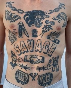 a shirtless man with tattoos on his chest