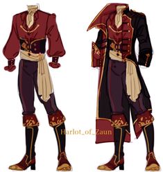 an image of a costume for a man in red and black with gold trimmings