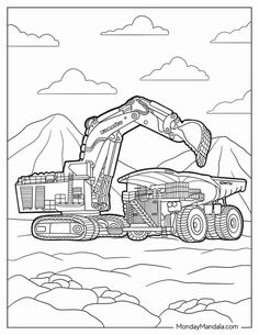 a coloring page with an image of a large construction vehicle in the middle of it