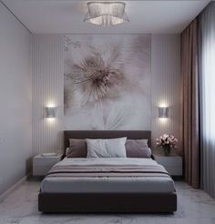 a bedroom with a large flower painting on the wall above the bed and nightstands