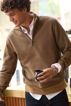 Men's Brown Houndstooth Bedford Rib Quarter Zip Sweater | Preppy Outfits | 2025 Fashion Trends | Lands' End Formal Sweater, Half Zip Jumper, Zip Collar, Quarter Zip Sweater, Big Clothes, Big And Tall Outfits, Fabric Tape, Hem Style, Henley Shirts