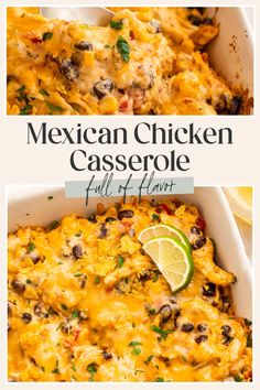 mexican chicken casserole with black olives and cilantro in a white dish