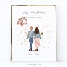 a birthday card with two people holding balloons and confetti in the shape of numbers