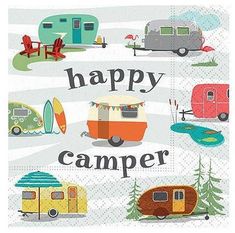 the words happy camper are written in different colors and shapes, including rvs