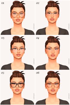 six different views of a woman's face with glasses and hair in various stages