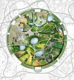 an aerial view of a circular garden with trees and water in the center, surrounded by swirls