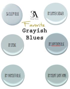 six grayish blue and white plates with the words favorite greyish blues on them