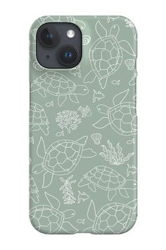 an iphone case with sea turtles and corals on the front, in light green