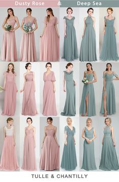 different types of bridesmaid dresses in dusty rose and deep sea