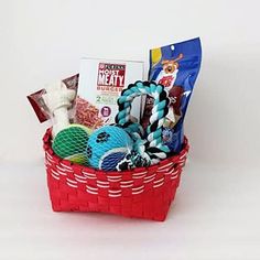 a red basket filled with lots of different items