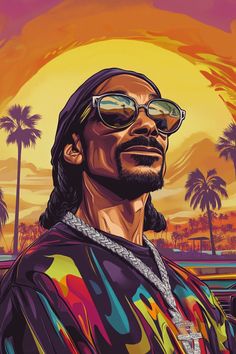 a painting of a man wearing sunglasses and a colorful shirt with palm trees in the background