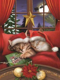 a painting of two cats laying on top of a bed next to a christmas tree