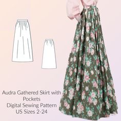 an image of a skirt with flowers on it and the text, aurora gathered skirt with pockets digital sewing pattern us sizes 2 - 24