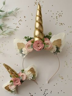 "Hand-crafted with love, these felt floral unicorn crowns would add the perfect magical touch to any party, festival, or photo shoot for you or you and your little one! The adult size is made on a gold metal headband and measures about 4.5\" wide. Flexible and comfortable fit! Horn measures about 5\" tall. The baby/child size is made on a stretch nylon headband. One size fits all. Horn measures about 3\" tall. When ordering, please choose the ear color Ivory or White. The crowns shown are in col Pink Handmade Flower Hair Accessories For Birthday, Unicorn Headband Diy, Diy Doll Suitcase, Diy Unicorn Headband, Unicorn Accessories, Pink Flower Crown, Felt Headband, Custom Headbands, Horn Headband