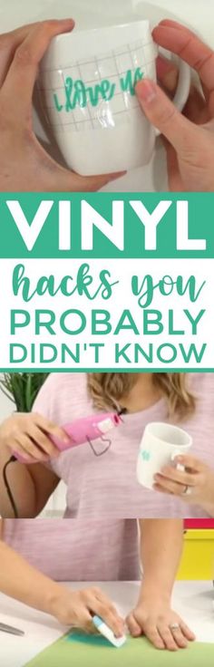 a woman holding a coffee mug with the words vinyl hacks you probably didn't know