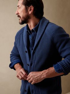 Aventura Shawl-Collar Cardigan | Banana Republic Andro Style, Dark Blue Cardigan, Mens Shawl Collar Cardigan, British Gentleman, Beige Chinos, Blue Shawl, Suede Chukkas, Shawl Collar Cardigan, Organic Cotton Yarn