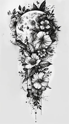 a black and white drawing of flowers on a half moon