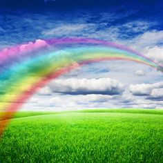 a rainbow in the middle of a green field with clouds and blue sky behind it