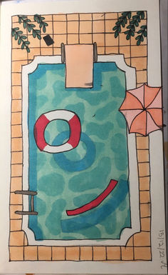 a drawing of a swimming pool with an umbrella