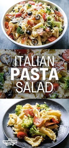 two plates filled with pasta and vegetables on top of a wooden table next to the words italian pasta salad