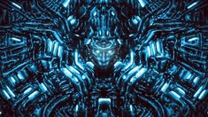 an abstract blue background with lots of metal pipes in the shape of a human face