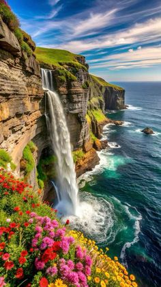 a waterfall that is next to the ocean with flowers growing on it's side