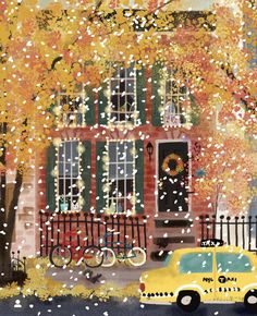 a painting of a yellow taxi parked in front of a red brick building on a snowy day